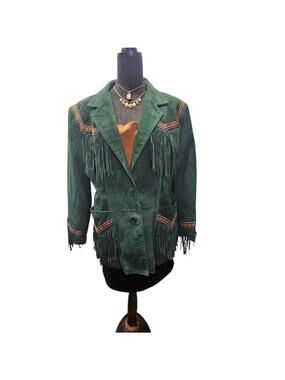 Vintage Western Green Suede Fringe Leather Jacket Sz 14 Embroidered Trim Indie